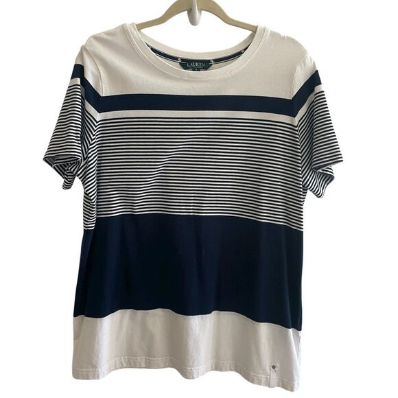 Lauren Ralph Lauren Navy Striped Short Sleeve Cotton Tshirt Women’s Plus Size 1X - Picture 1 of 4